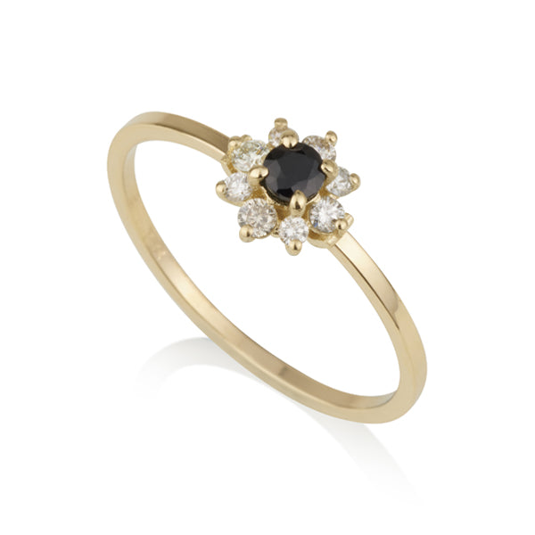 Diamond Flower Ring - Black Corundum & Diamond